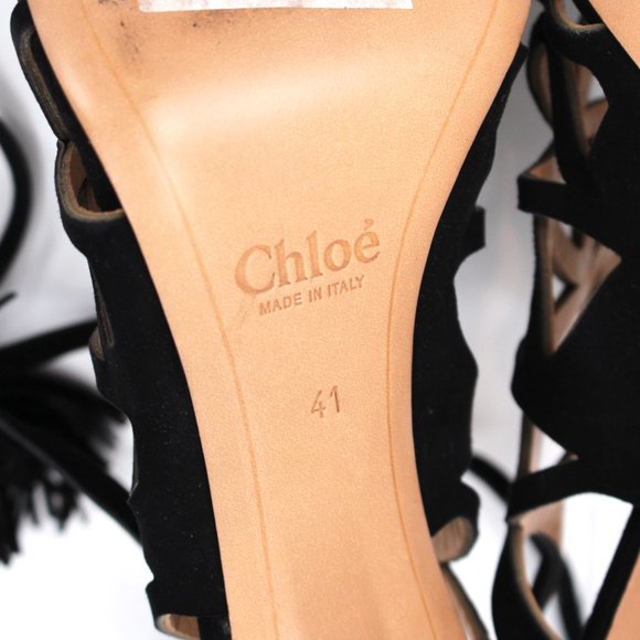 Chloè Kendal Black Suede Caged Cut-Out Heeled Tassel Tie Ankle Sandals 41 Heels - Picture 7 of 7